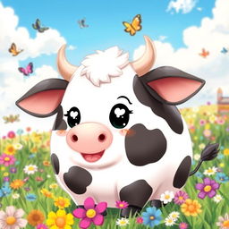 A super cute anime-style cow with a round, fluffy body, predominantly white with large, stylized black spots that are playfully arranged