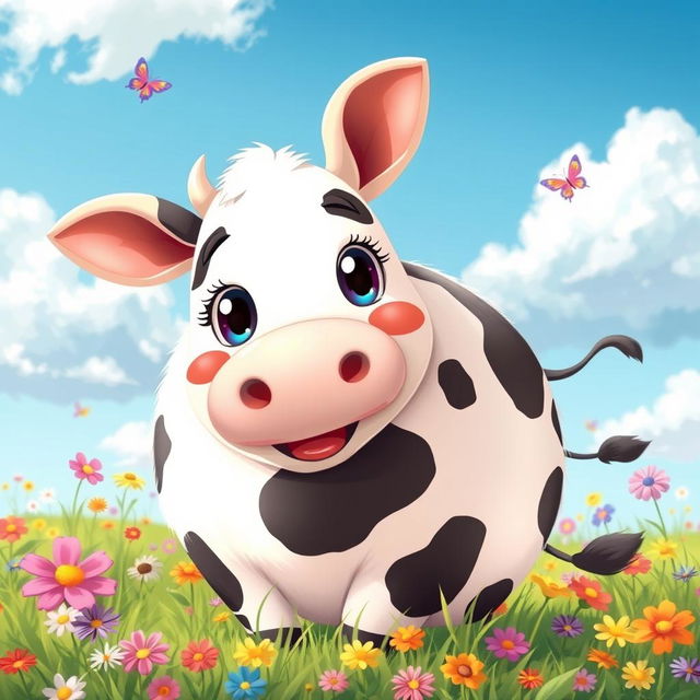 A super cute anime-style cow with a round, fluffy body, predominantly white with large, stylized black spots that are playfully arranged