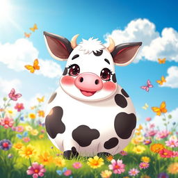 A super cute anime-style cow with a round, fluffy body, predominantly white with large, stylized black spots that are playfully arranged