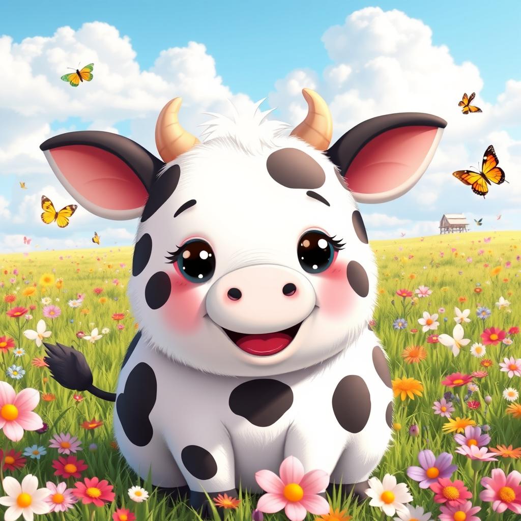 A super cute anime-style cow with a round, fluffy body, predominantly white with large, stylized black spots that are playfully arranged