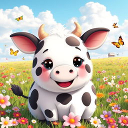 A super cute anime-style cow with a round, fluffy body, predominantly white with large, stylized black spots that are playfully arranged