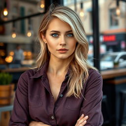 A woman aged 30-35 with European features, showcasing fair skin, light hair, and beautiful blue eyes