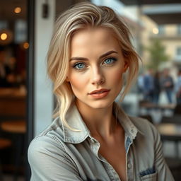 A woman aged 30-35 with European features, showcasing fair skin, light hair, and beautiful blue eyes