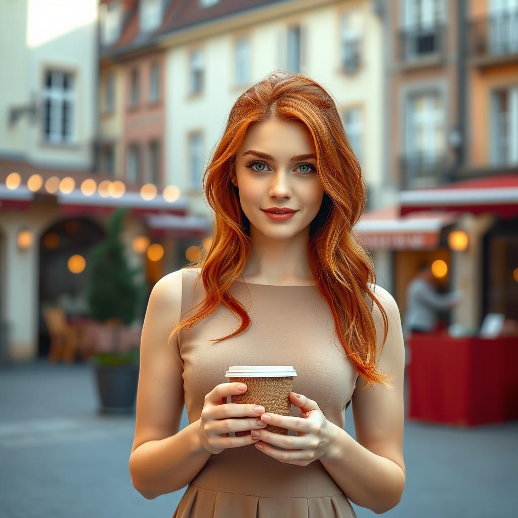 A young woman aged 28-32 with striking red hair and captivating green eyes