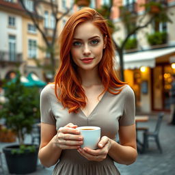 A young woman aged 28-32 with striking red hair and captivating green eyes