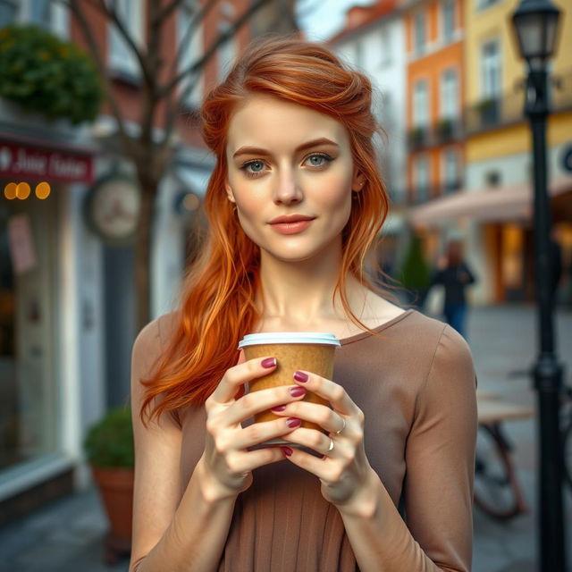 A young woman aged 28-32 with striking red hair and captivating green eyes