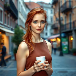 A young woman aged 28-32 with striking red hair and captivating green eyes