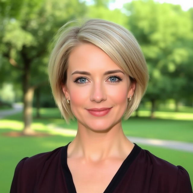 A woman aged 30-35 with short light hair and captivating blue eyes, showcasing a light makeup look