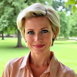 A woman aged 30-35 with short light hair and captivating blue eyes, showcasing a light makeup look