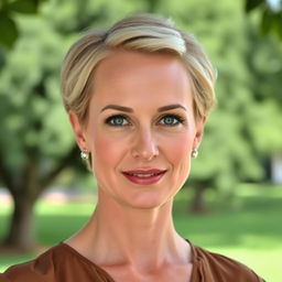 A woman aged 30-35 with short light hair and captivating blue eyes, showcasing a light makeup look
