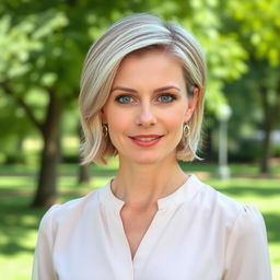 A woman aged 30-35 with short light hair and captivating blue eyes, showcasing a light makeup look