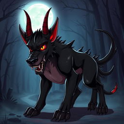 A fierce demon dog designed in an anime style, featuring a sleek and muscular build with a glossy black coat