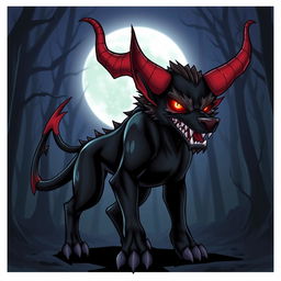 A fierce demon dog designed in an anime style, featuring a sleek and muscular build with a glossy black coat