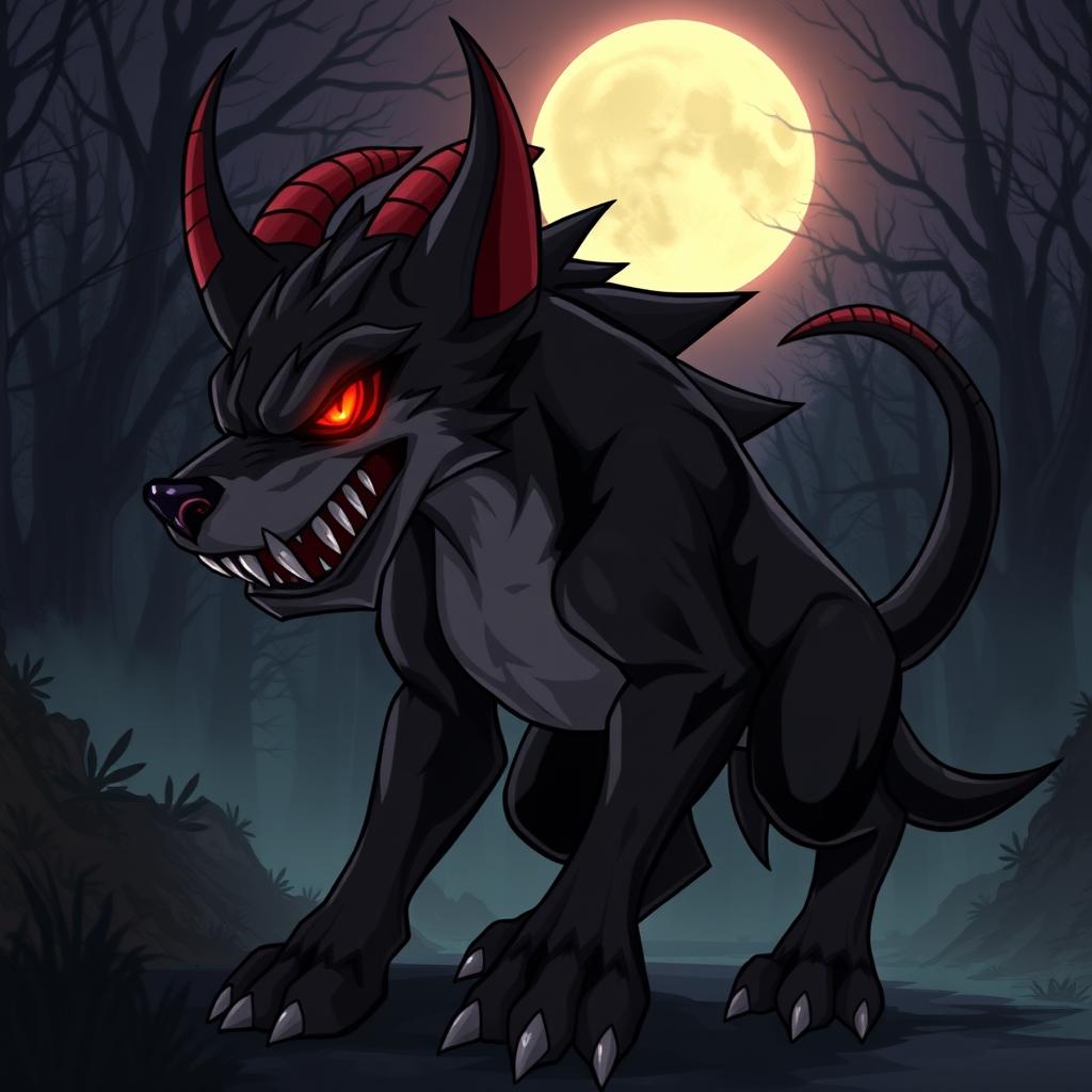 A fierce demon dog designed in an anime style, featuring a sleek and muscular build with a glossy black coat