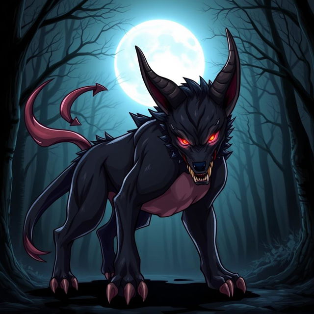 A fierce demon dog designed in an anime style, featuring a sleek and muscular build with a glossy black coat