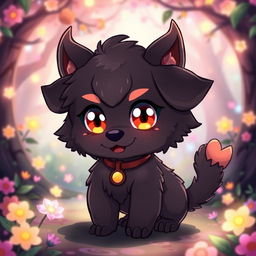 A cute male demon dog designed in an anime style, featuring a small, chubby body with oversized, sparkling eyes that radiate mischief