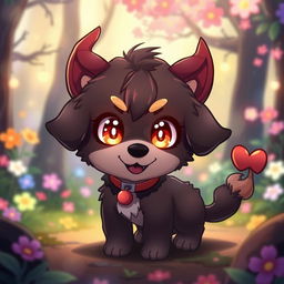 A cute male demon dog designed in an anime style, featuring a small, chubby body with oversized, sparkling eyes that radiate mischief