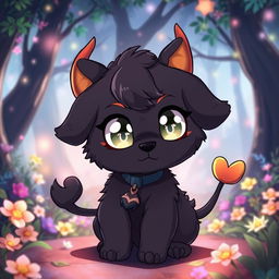 A cute male demon dog designed in an anime style, featuring a small, chubby body with oversized, sparkling eyes that radiate mischief