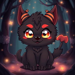A cute male demon dog designed in an anime style, featuring a slightly chubby body and oversized, sparkling eyes that hold a playful yet slightly creepy expression