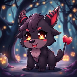 A cute male demon dog designed in an anime style, featuring a slightly chubby body and oversized, sparkling eyes that hold a playful yet slightly creepy expression