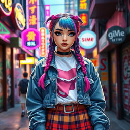 A trendy e-girl with brightly colored hair styled in braids, wearing oversized graphic t-shirts layered under a stylish denim jacket, paired with high-waisted plaid skirts