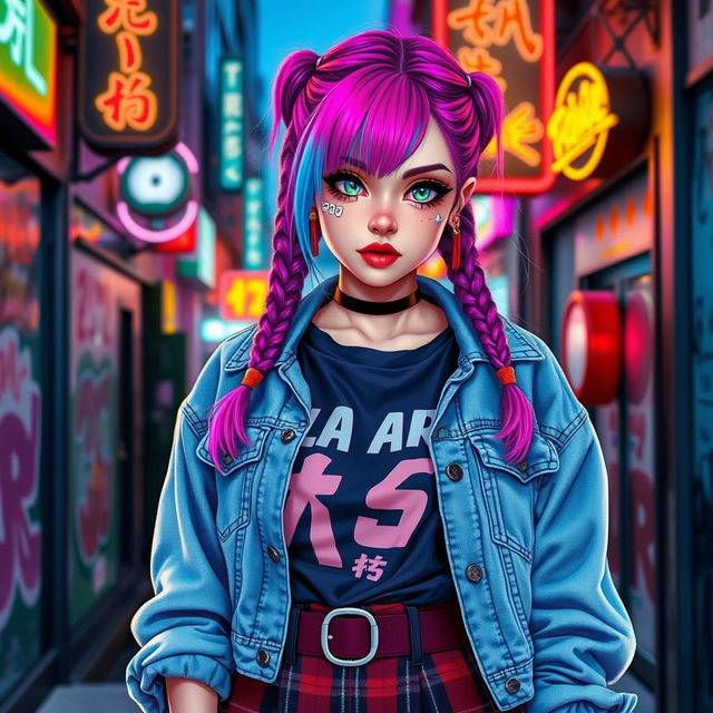 A trendy e-girl with brightly colored hair styled in braids, wearing oversized graphic t-shirts layered under a stylish denim jacket, paired with high-waisted plaid skirts