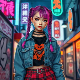 A trendy e-girl with brightly colored hair styled in braids, wearing oversized graphic t-shirts layered under a stylish denim jacket, paired with high-waisted plaid skirts