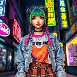 A trendy e-girl with brightly colored hair styled in braids, wearing oversized graphic t-shirts layered under a stylish denim jacket, paired with high-waisted plaid skirts