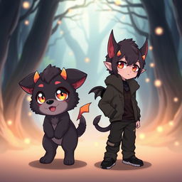 A cute male demon dog character designed in an anime style, showcasing both his dog and human forms