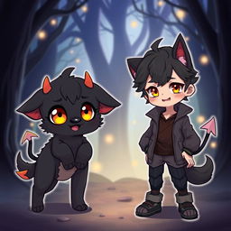 A cute male demon dog character designed in an anime style, showcasing both his dog and human forms
