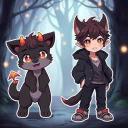 A cute male demon dog character designed in an anime style, showcasing both his dog and human forms