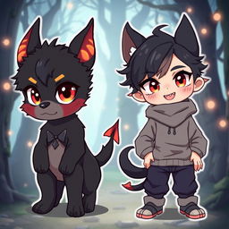 A cute male demon dog character designed in an anime style, showcasing both his dog and human forms
