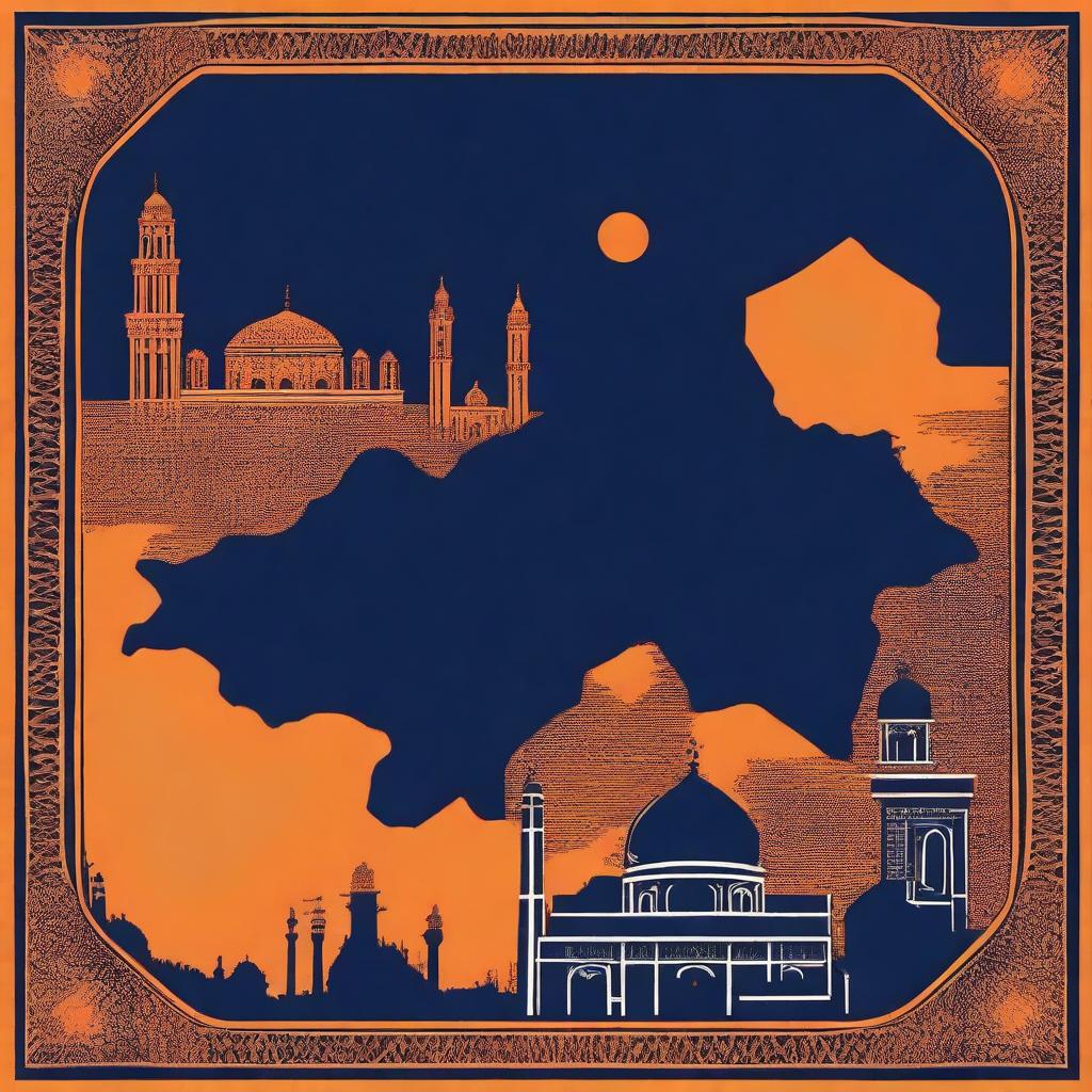 Create a deep navy blue background with the center representing vast open space symbolizing unexplored history of Pakistan