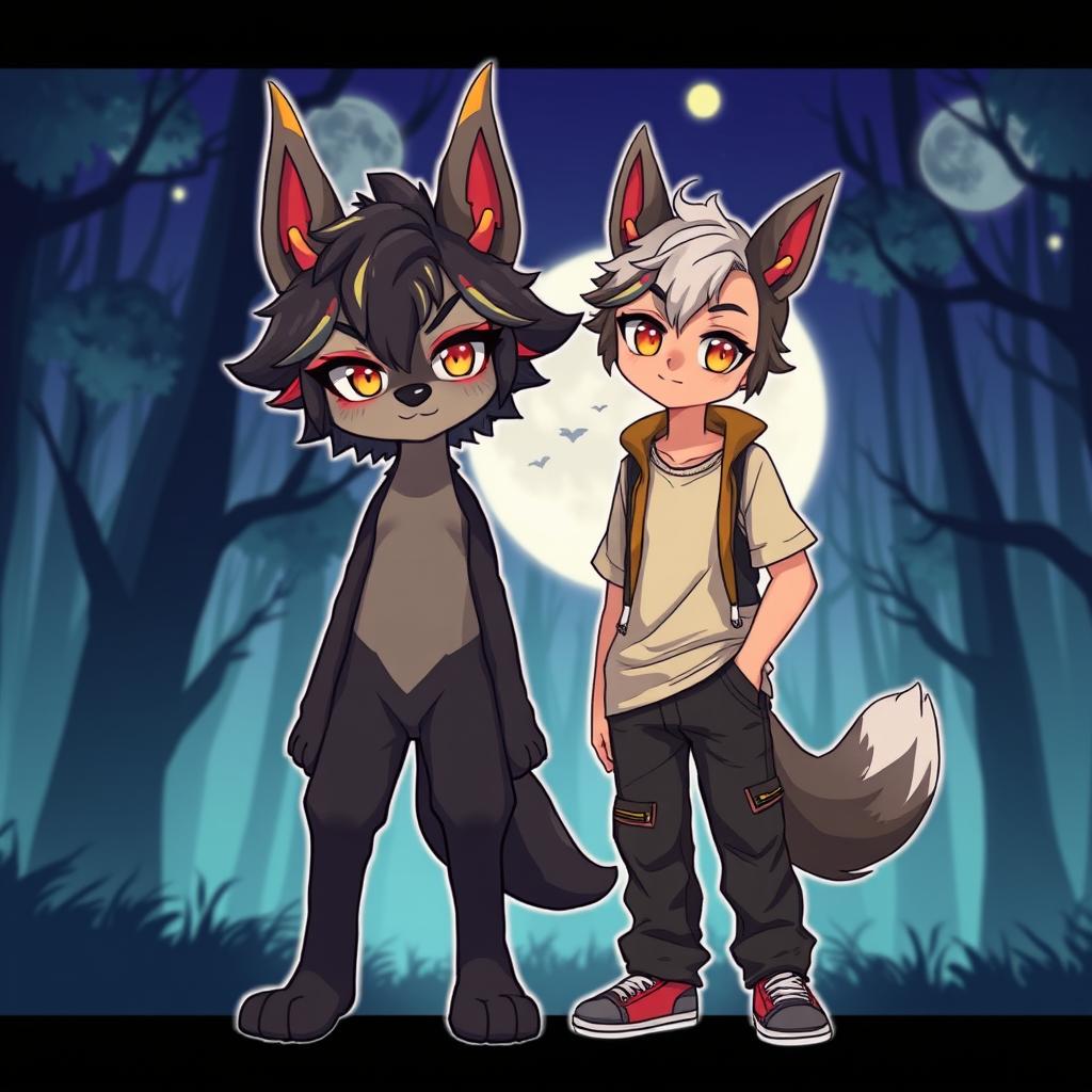 A cute 16-year-old male demon dog character designed in an anime style, displaying both human and demon dog traits