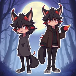 A cute 16-year-old male demon dog character designed in an anime style, displaying both human and demon dog traits