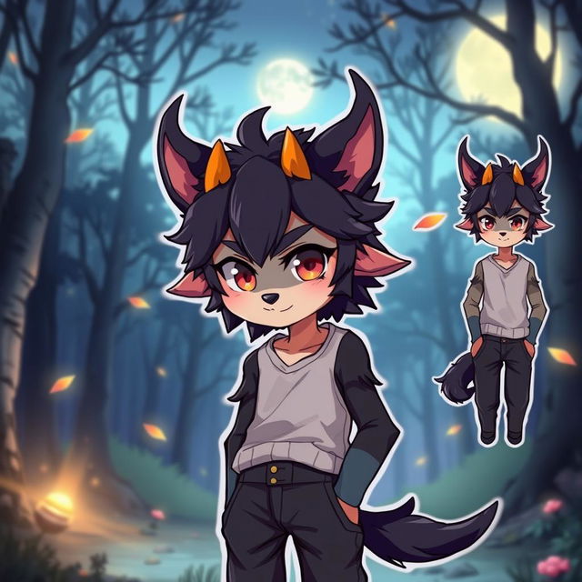 A cute 16-year-old male demon dog character designed in an anime style, displaying both human and demon dog traits