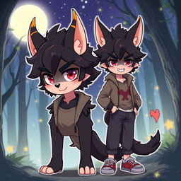 A cute 16-year-old male demon dog character designed in an anime style, displaying both human and demon dog traits