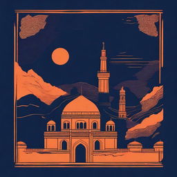 Create a deep navy blue background with the center representing vast open space symbolizing unexplored history of Pakistan