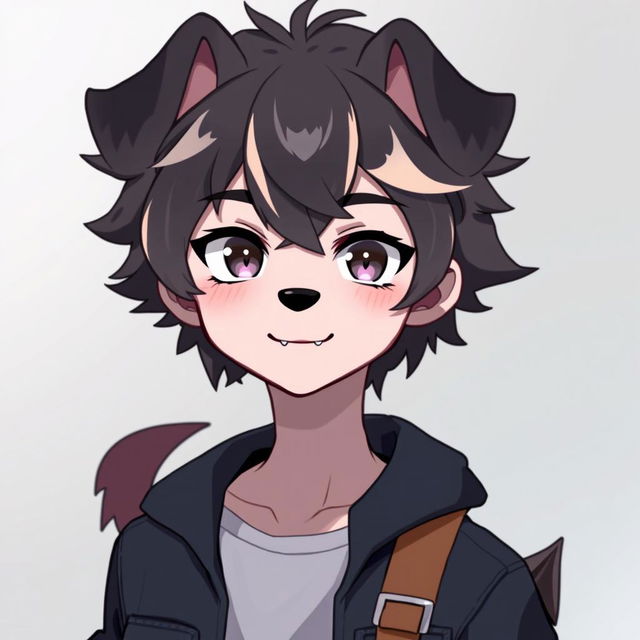 A 16-year-old male demon dog character designed in an anime style, depicted in his human form