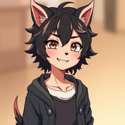 A 16-year-old male demon dog character designed in an anime style, depicted in his human form