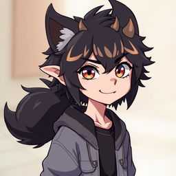 A 16-year-old male demon dog character designed in an anime style, depicted in his human form