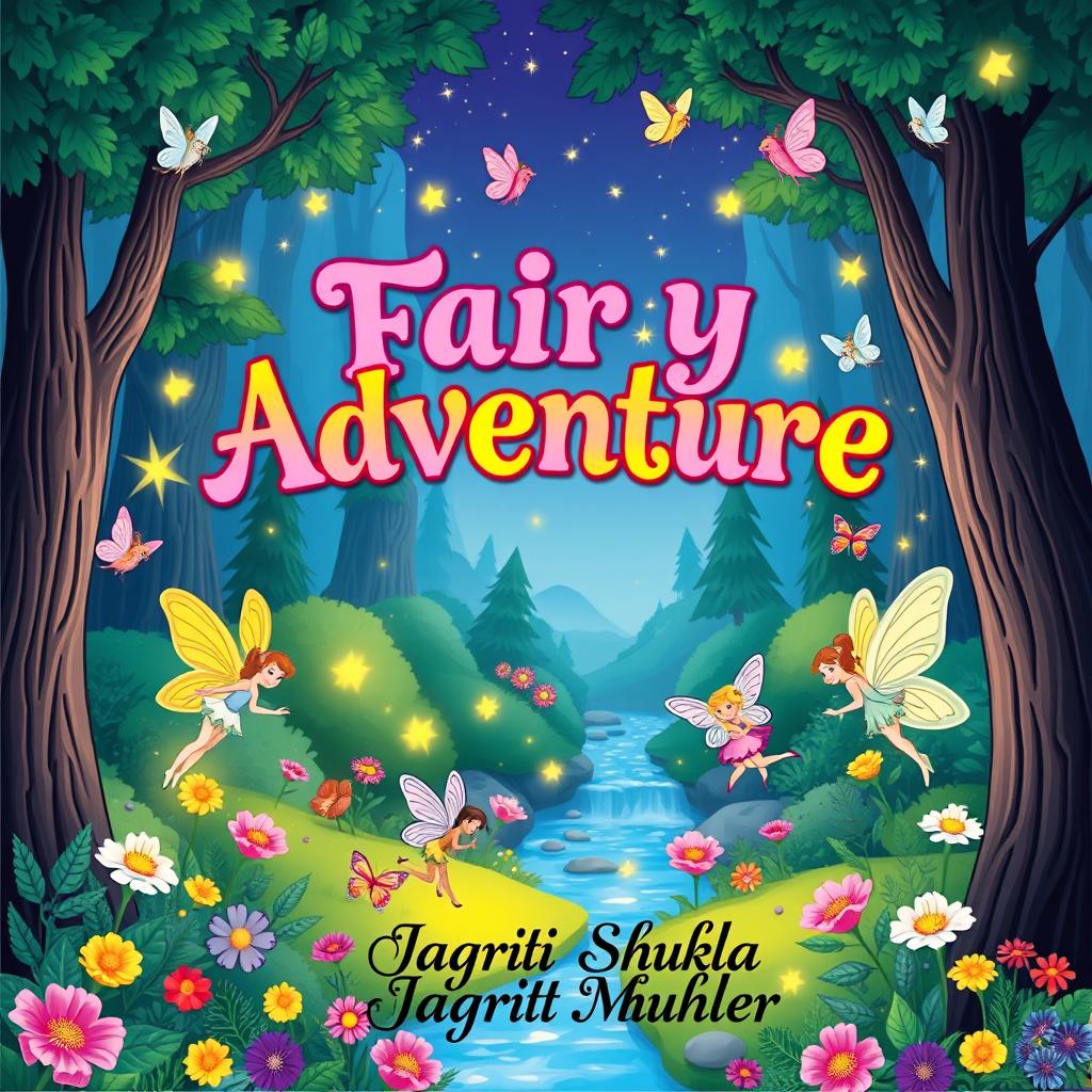A whimsical coloring book cover featuring the title 'Fairy Adventure' in enchanting, colorful lettering