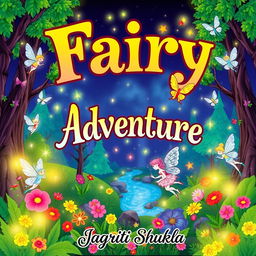 A whimsical coloring book cover featuring the title 'Fairy Adventure' in enchanting, colorful lettering