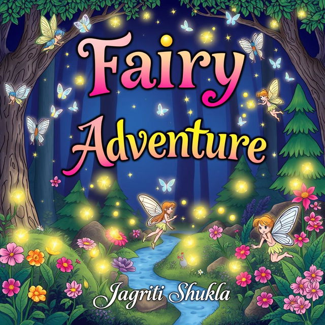 A whimsical coloring book cover featuring the title 'Fairy Adventure' in enchanting, colorful lettering