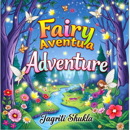 A whimsical coloring book cover featuring the title 'Fairy Adventure' in enchanting, colorful lettering