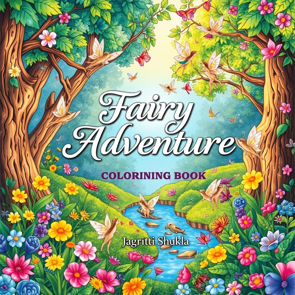 A whimsical and enchanting coloring book titled 'Fairy Adventure', featuring beautiful illustrations of fairies in lush, magical forests