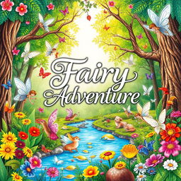 A whimsical and enchanting coloring book titled 'Fairy Adventure', featuring beautiful illustrations of fairies in lush, magical forests
