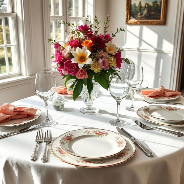 An elegantly arranged lunch table setting, featuring fine china plates with intricate floral designs, polished silver cutlery, and crystal wine glasses