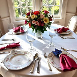 An elegantly arranged lunch table setting, featuring fine china plates with intricate floral designs, polished silver cutlery, and crystal wine glasses