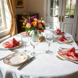 An elegantly arranged lunch table setting, featuring fine china plates with intricate floral designs, polished silver cutlery, and crystal wine glasses